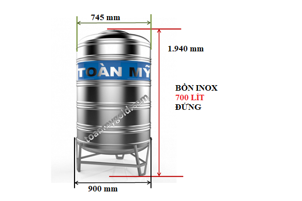 Kích thước Bồn inox Toàn Mỹ 700 lít Đứng