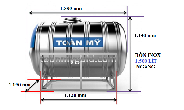 Kích thước Bồn inox Toàn Mỹ 1500 lít ngang