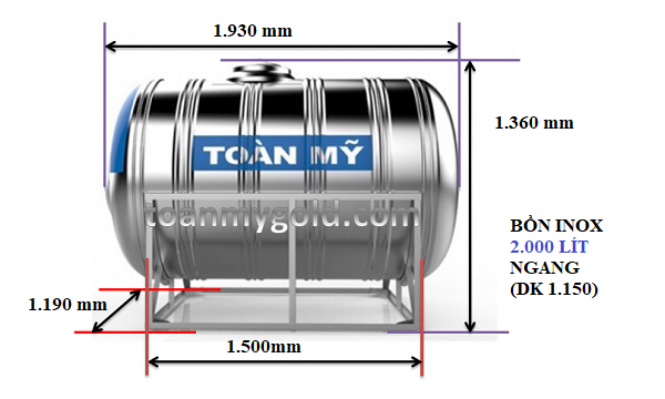 Kích thước Bồn inox Toàn Mỹ 2000 lít ngang