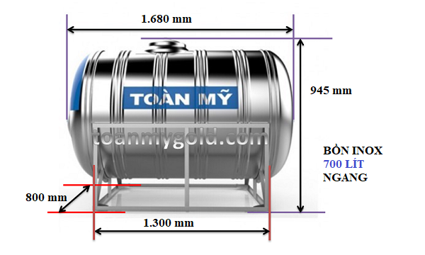 Kích thước Bồn inox Toàn Mỹ 700 lít ngang