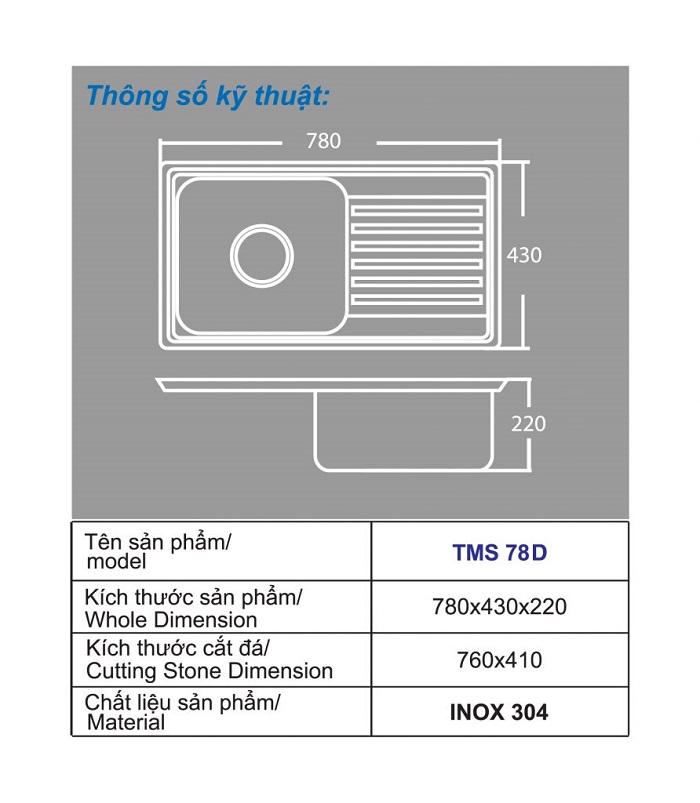 Chậu rửa cao cấp Toàn Mỹ TMS78D Chậu rửa cao cấp Toàn Mỹ TMS78D