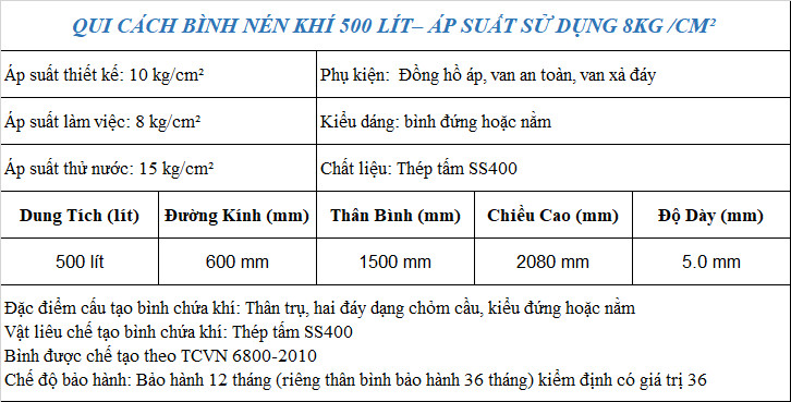 bình chứa khí 500 lít