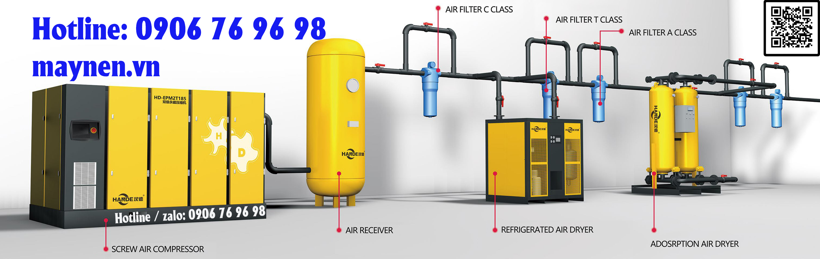 mô hình lắp đặt máy nén khí 2 cấp Hande