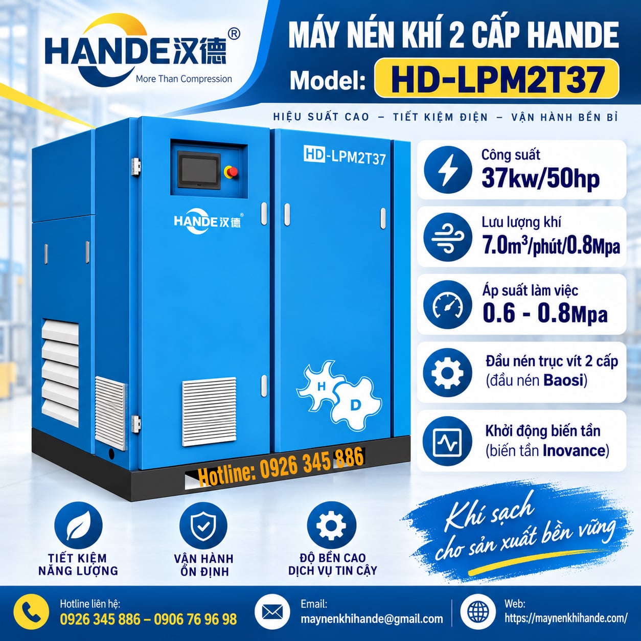 máy nén khí 2 cấp Hande 50hp