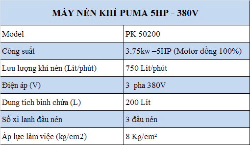 thông số kỹ thuật máy nén khí piston Puma 5hp