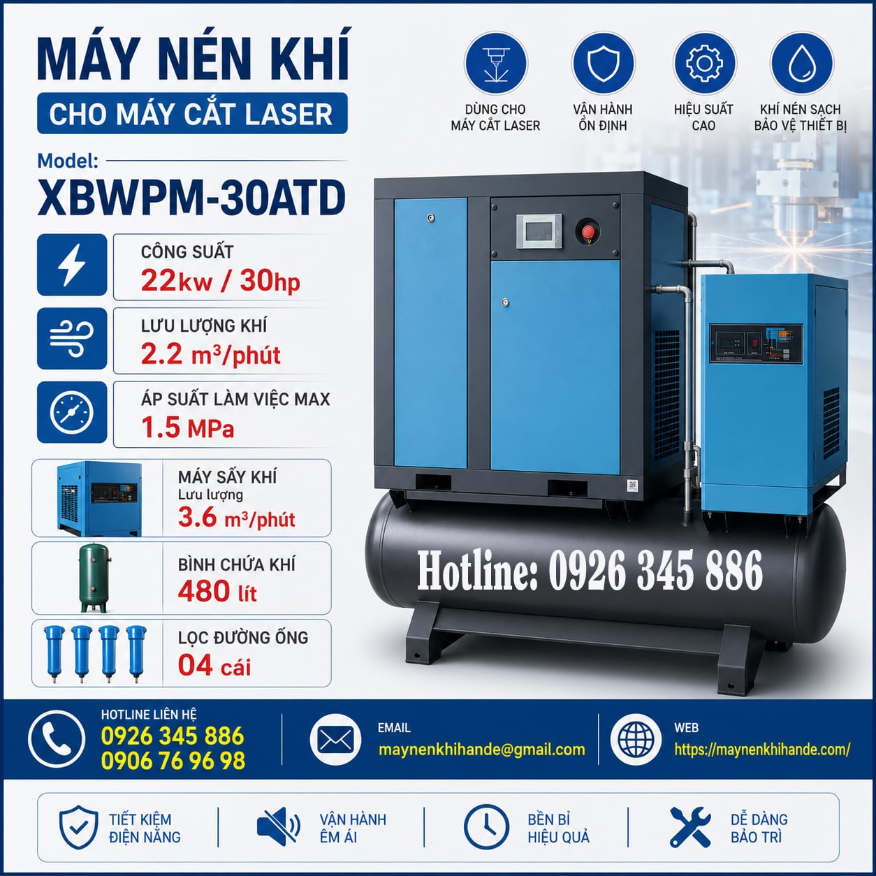 Tổ hợp máy nén khí cho máy cắt laser 30hp