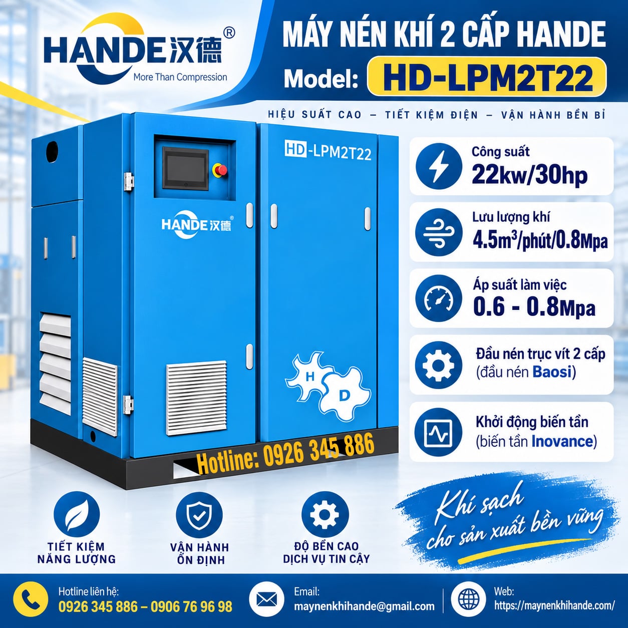 Thông số kỹ thuật máy nén khí 2 cấp Hande 22kw - 30hp