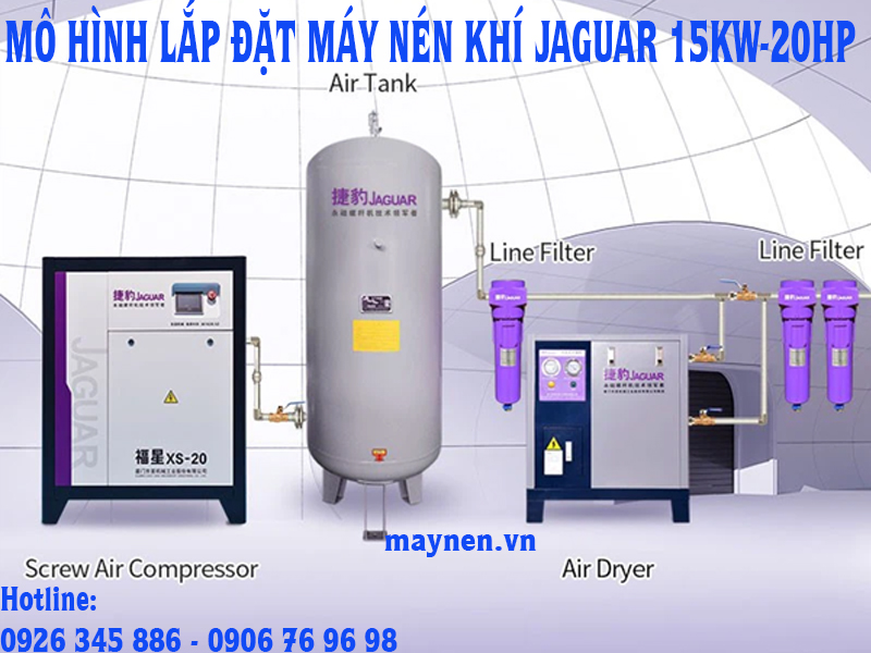 mô hình lắp đặt máy nén khí Jaguar 15kw 20hp