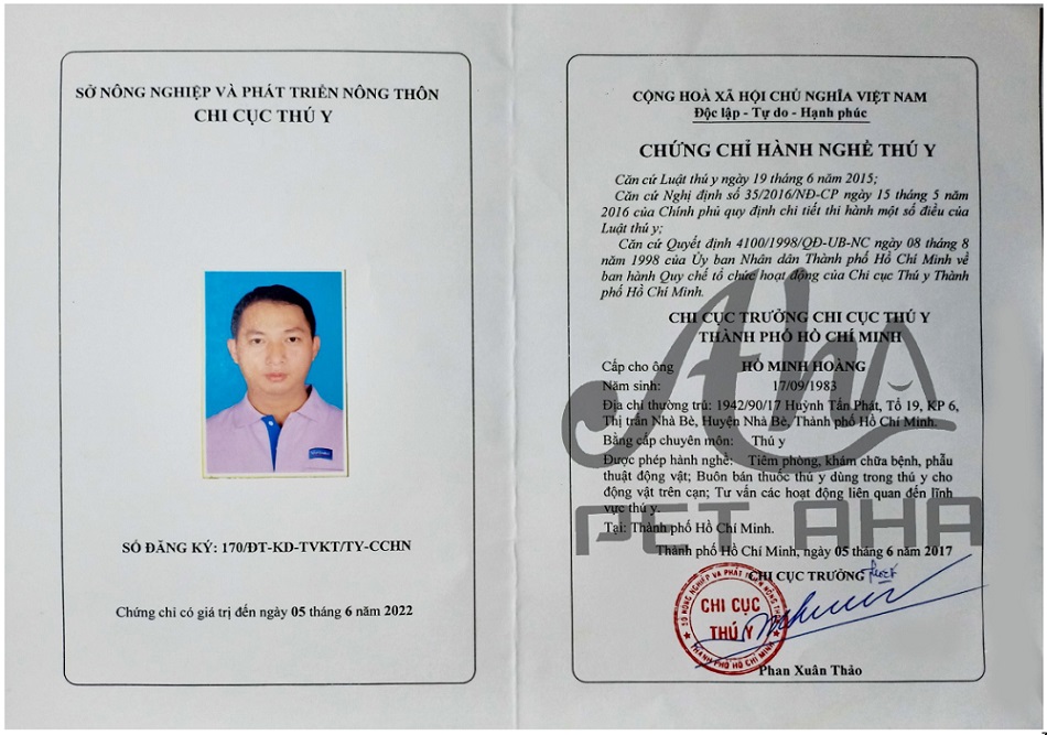 Chứng chỉ hành hành hoạt động thú y