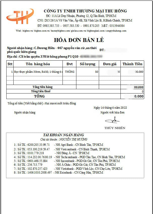 Hóa đơn 50 thùng màng bọc thực phẩm