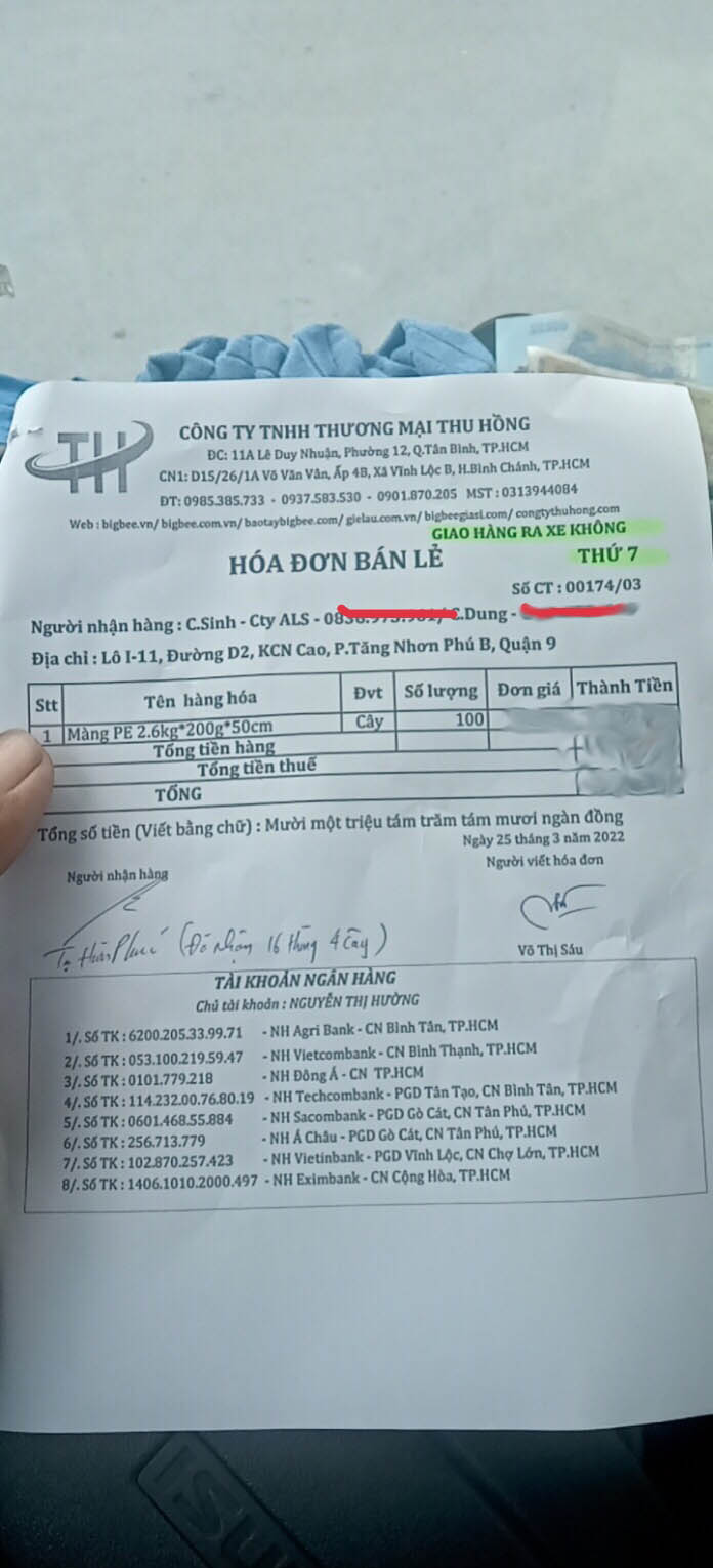 Hóa đơn 100 cây màng pe