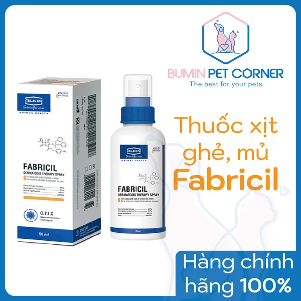Thuốc xịt trị ghẻ, mưng mủ cho chó mèo Alkin Fabricil - chai 50ml