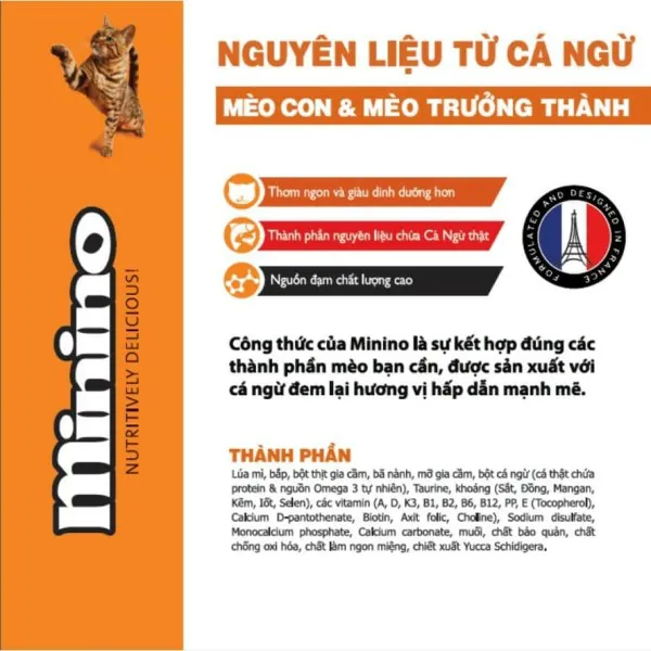 Thức ăn hạt khô cho mèo Minino vị cá ngừ gói 1.3kg