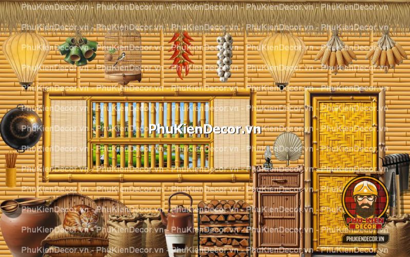 Tranh dán tường 3D tre vàng trang trí quán ăn, nhà hàng Tranh dán tường 3D tre vàng trang trí quán ăn, nhà hàng