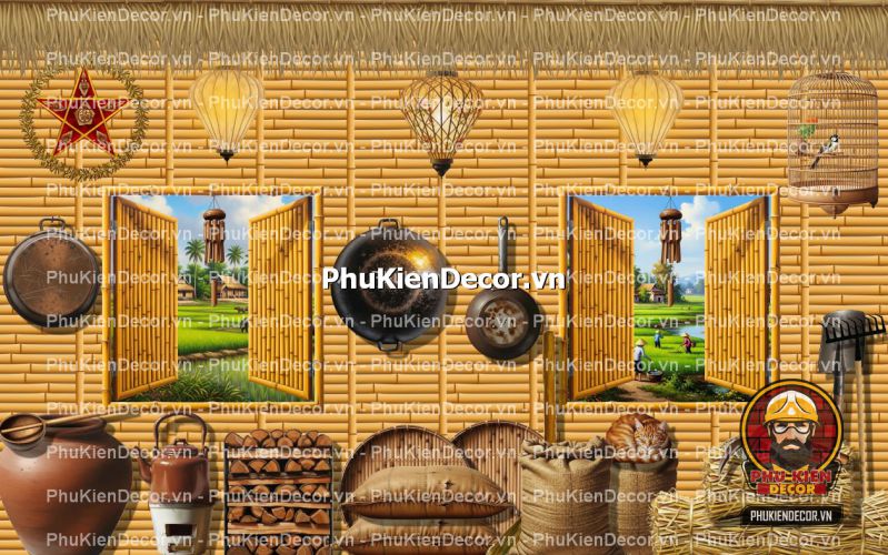 Tranh dán tường tre nứa lá phong cách làng quê Tranh dán tường tre nứa lá phong cách làng quê