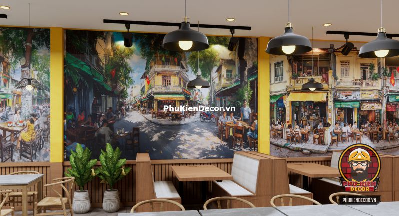 Tranh dán tường phố cổ Hà Nội Tranh dán tường Phong cách Hà Nội retro vintage, mô phỏng không gian quán cà phê cổ kính với đèn vàng và bàn ghế gỗ.