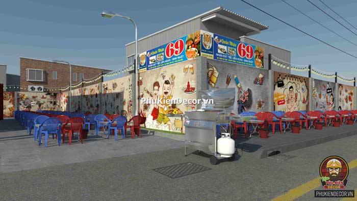 Mô hình thiết kế trang trí quán Lẩu nướng Xiên que vỉa hè Mô hình thiết kế trang trí quán Lẩu nướng Xiên que vỉa hè