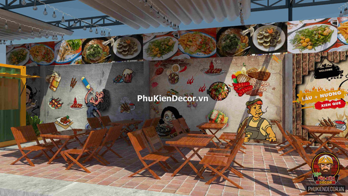 Tranh 3D dán tường trang trí quán Lẩu Nướng, Xiên Que có mái che ngoài trời Tranh 3D dán tường trang trí quán Lẩu Nướng, Xiên Que có mái che ngoài trời