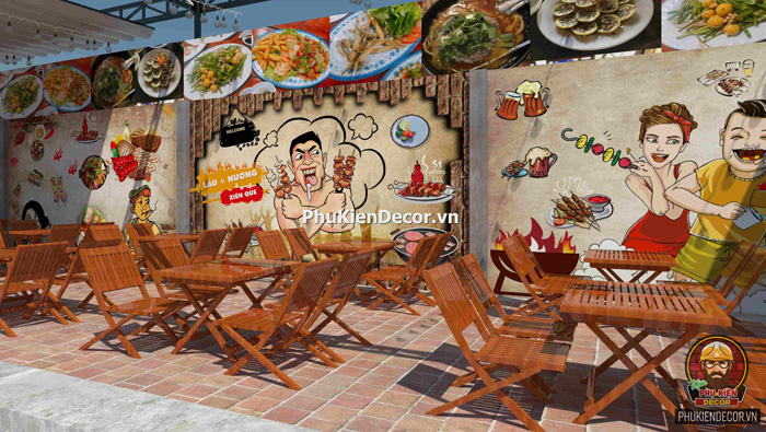 Tranh 3D dán tường trang trí quán Lẩu Nướng, Xiên Que có mái che ngoài trời Tranh 3D dán tường trang trí quán Lẩu Nướng, Xiên Que có mái che ngoài trời