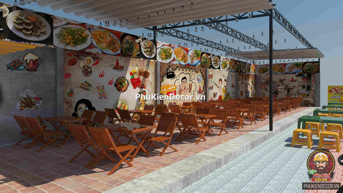 Tranh 3D dán tường trang trí quán Lẩu Nướng, Xiên Que có mái che ngoài trời Tranh 3D dán tường trang trí quán Lẩu Nướng, Xiên Que có mái che ngoài trời
