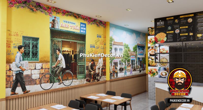 Ý tưởng thiết kế quán ăn Sài Gòn xưa Tranh về quán ăn Sài Gòn xưa, thể hiện không gian quán ăn truyền thống với bàn ghế gỗ và không gian sống động của phố Sài Gòn.