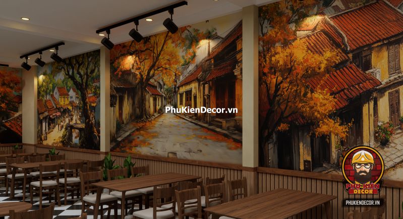 Tổng hợp tranh dán tường toàn cảnh Hà Nội Tranh tổng thể toàn cảnh Hà Nội xưa nhìn từ trên cao, bao gồm hồ Gươm, cầu Long Biên và phố cổ, dùng cho sảnh lớn nhà hàng.