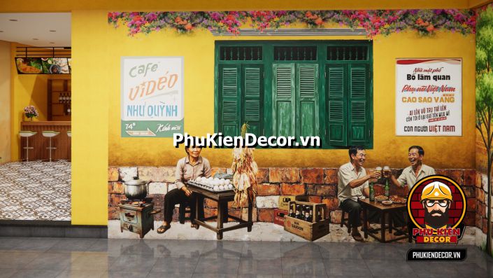 Tranh dán tường 3D decor quán ăn dân dã Thiết kế nội thất quán ăn dân dã với tranh dán tường Sài Gòn xưa.