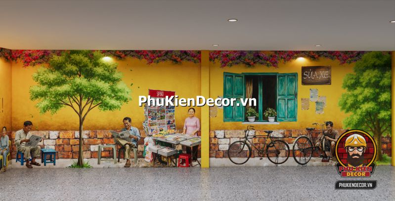 Tổng hợp mẫu tranh dán tường chủ đề Hà Nội Tranh dán tường Đường Phố Hà Nội buổi bình minh, xe đạp trên vỉa hè rợp bóng cây, không gian yên bình mang tính thiền.