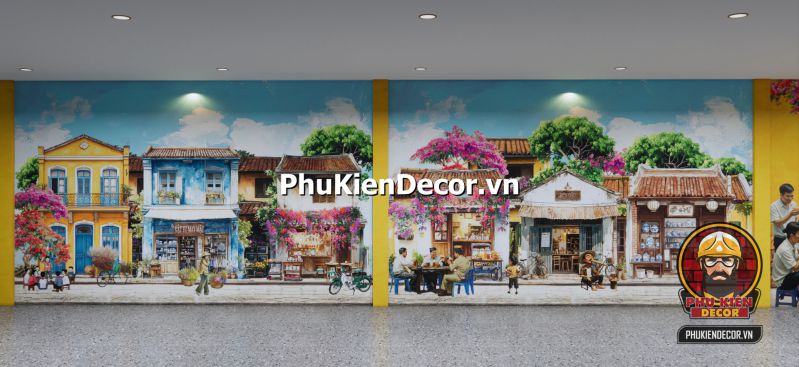 Tổng hợp mẫu tranh dán tường chủ đề Hà Nội Tranh dán tường Đường Phố Hà Nội buổi bình minh, xe đạp trên vỉa hè rợp bóng cây, không gian yên bình mang tính thiền.