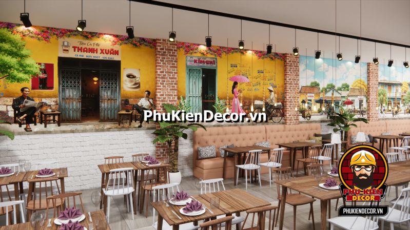 Mẫu thiết kế quán Cafe phong cách Sài Gòn Tranh dán tường 3D về quán cà phê Sài Gòn xưa, mô tả không gian nhẹ nhàng, lãng mạn của quán cà phê vỉa hè.