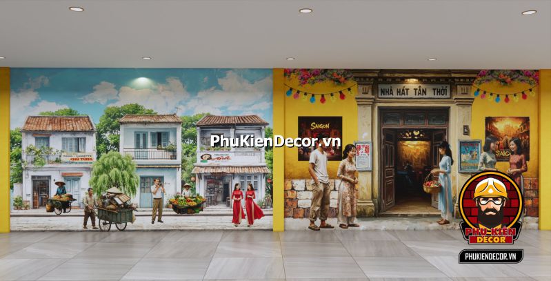 Mẫu thiết kế tranh dán tường Sài Gòn xưa Tranh tái hiện cảnh Sài Gòn mùa mưa với xe đạp, áo mưa nilon và mái hiên cũ.