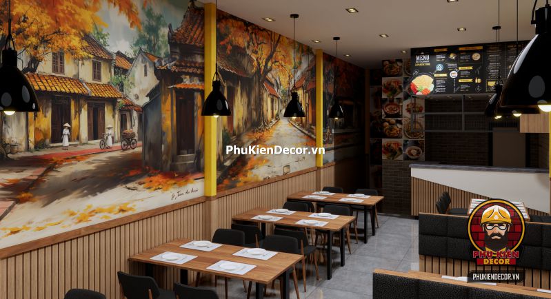 Mẫu tranh dán tường chủ đề Hà Nội Tranh Quán Bún Đậu Mắm Tôm tái hiện khung cảnh gánh hàng rong và quán nhỏ đầu ngõ với bàn ghế thấp và mẹt đựng bún.