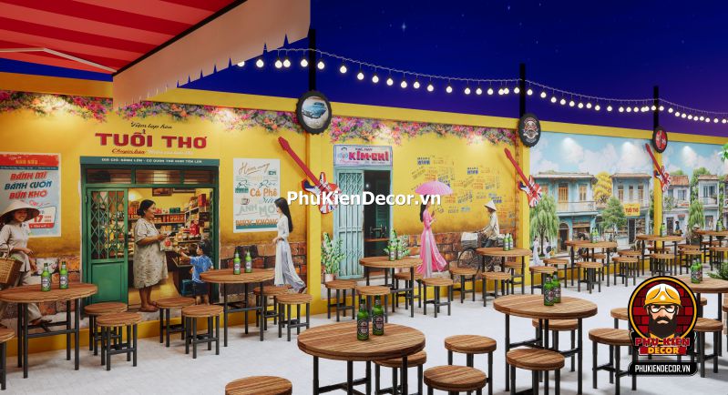 Cách decor quán nhậu Sài Gòn retro Tranh về quán ăn Sài Gòn xưa, thể hiện không gian quán ăn truyền thống với bàn ghế gỗ và không gian sống động của phố Sài Gòn.