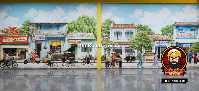 Tranh 3D dán tường phong cách Sài Gòn Tranh 3D về quán nhậu Sài Gòn xưa, với khung cảnh vui nhộn của các thực khách đang thưởng thức món ăn tại quán nhậu.