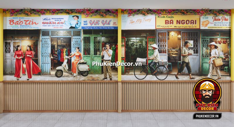 Mẫu thiết kế quán chủ đề Sài Gòn retro Trang trí quán ăn phong cách Sài Gòn xưa với các yếu tố như tranh dán tường, ánh sáng vàng và bàn ghế gỗ.