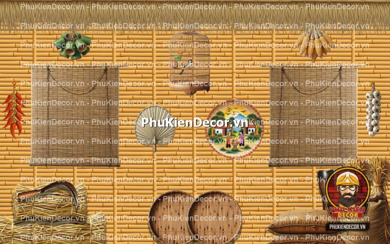 Tranh dán tường tre vàng trang trí quán ăn làng quê Tranh dán tường tre vàng trang trí quán ăn làng quê
