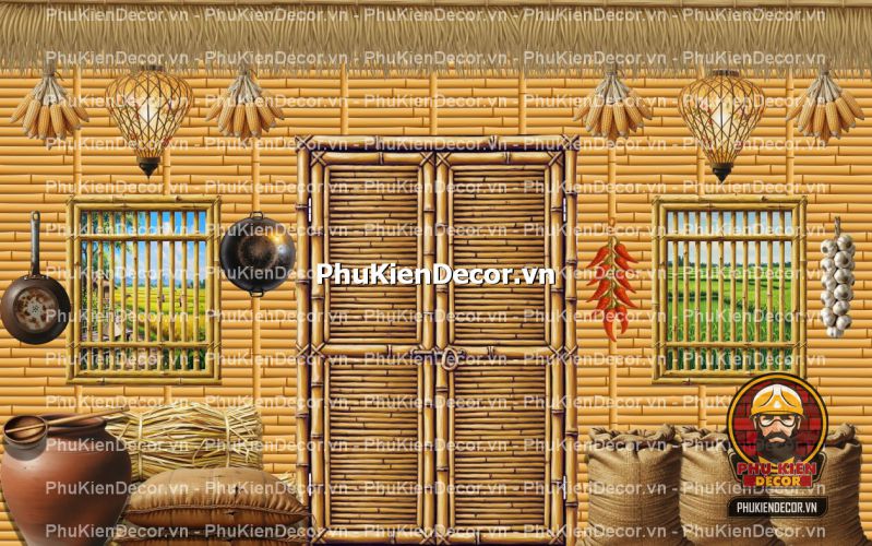 Tranh dán tường tre vàng trang trí quán ăn làng quê Tranh dán tường tre vàng trang trí quán ăn làng quê