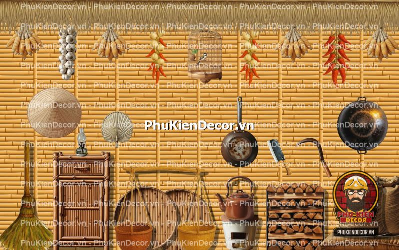 Tranh dán tường 3D tre vàng trang trí quán ăn, nhà hàng Tranh dán tường 3D tre vàng trang trí quán ăn, nhà hàng