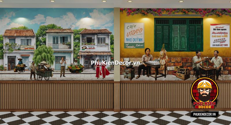 Tranh 3D phong cảnh Sài Gòn hoài cổ Tranh 3D phong cảnh Sài Gòn hoài cổ, với các chi tiết về nhà cổ, xe lam, và các hoạt động trong thành phố xưa.