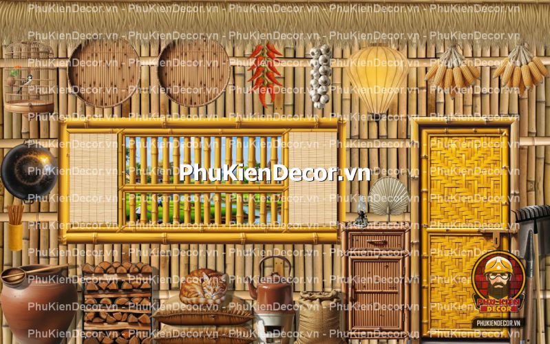 Tranh dán tường tre nứa lá phong cách làng quê Tranh dán tường tre nứa lá phong cách làng quê