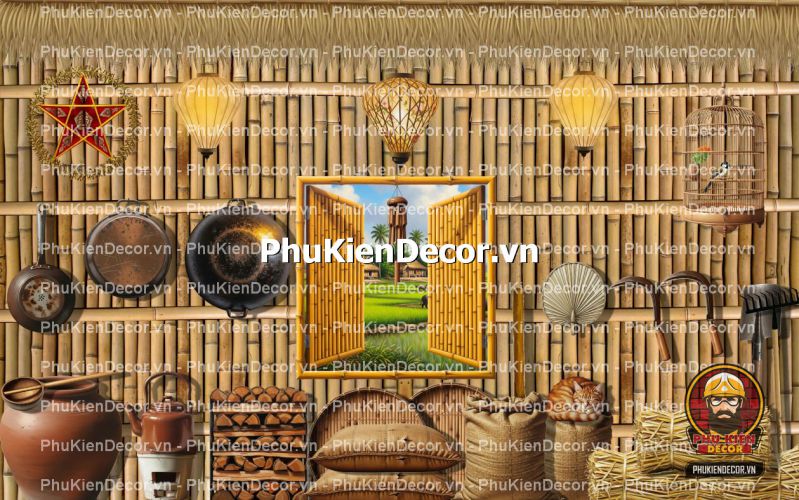 Tranh dán tường 3D tre vàng trang trí quán ăn, nhà hàng Tranh dán tường 3D tre vàng trang trí quán ăn, nhà hàng