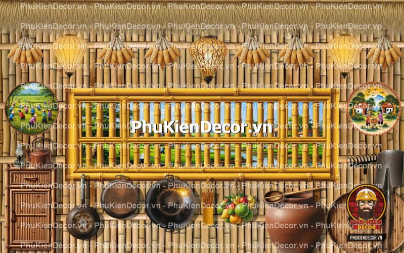 Tranh dán tường 3D tre vàng trang trí quán ăn, nhà hàng Tranh dán tường 3D tre vàng trang trí quán ăn, nhà hàng