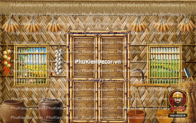 Tranh dán tường 3D tre vàng trang trí quán ăn, nhà hàng Tranh dán tường 3D tre vàng trang trí quán ăn, nhà hàng