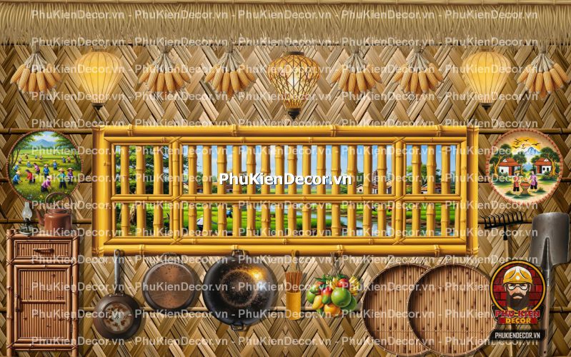 Tranh dán tường 3D tre vàng trang trí quán ăn, nhà hàng Tranh dán tường 3D tre vàng trang trí quán ăn, nhà hàng