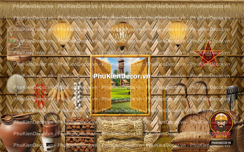 Tranh dán tường tre nứa lá phong cách làng quê Tranh dán tường tre nứa lá phong cách làng quê