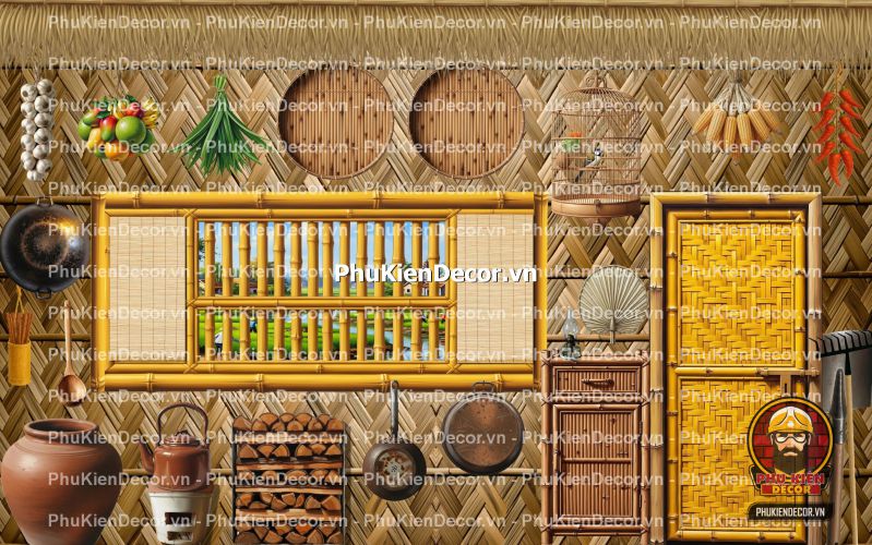 Tranh dán tường 3D tre vàng trang trí quán ăn, nhà hàng Tranh dán tường 3D tre vàng trang trí quán ăn, nhà hàng