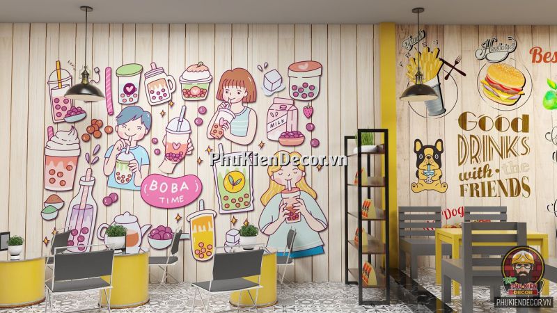 Tranh dán tường trang trí quán ăn vặt Tranh dán tường trang trí quán ăn vặt