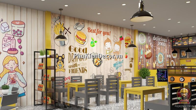 Tranh dán tường trang trí quán ăn vặt Tranh dán tường trang trí quán ăn vặt