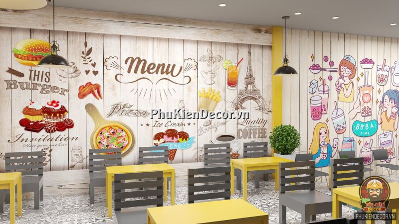 Tranh dán tường trang trí quán ăn vặt Tranh dán tường trang trí quán ăn vặt