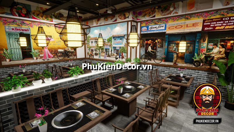 Thiết kế quán ăn tái hiện cảnh Sài Gòn xưa Tranh 3D phong cảnh Sài Gòn hoài cổ, với các chi tiết về nhà cổ, xe lam, và các hoạt động trong thành phố xưa.